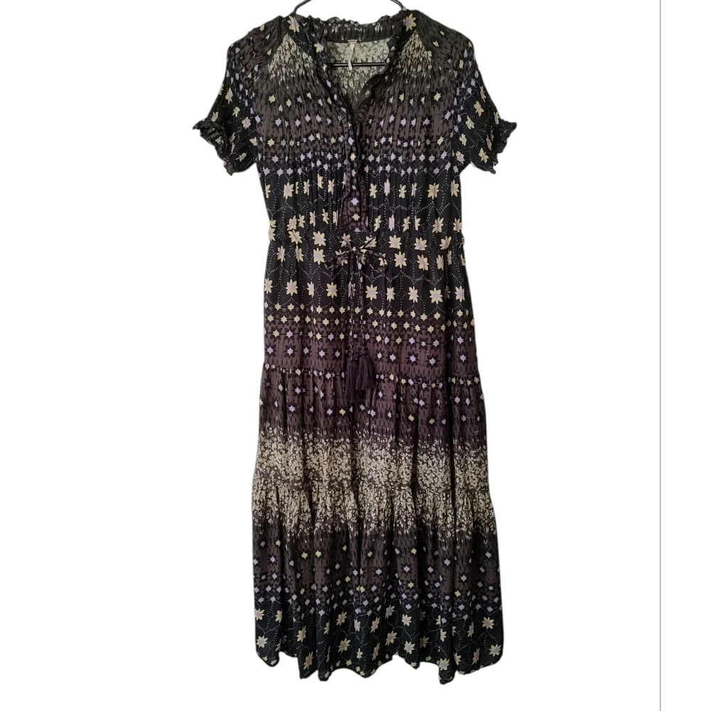 Free People Black and Purple Floral Smocked  Maxi Dress